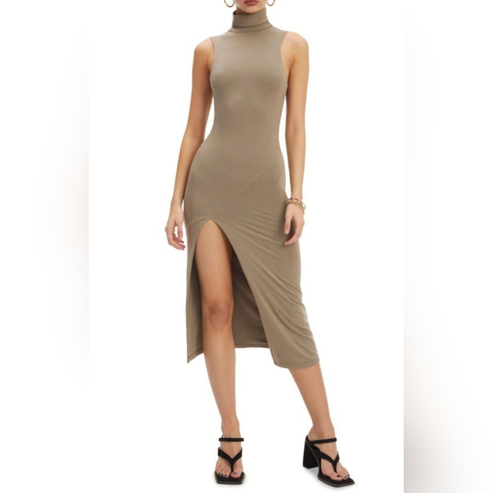 Good American Turtleneck Stretchy Front Slit Body Fitting Midi Dress US 10